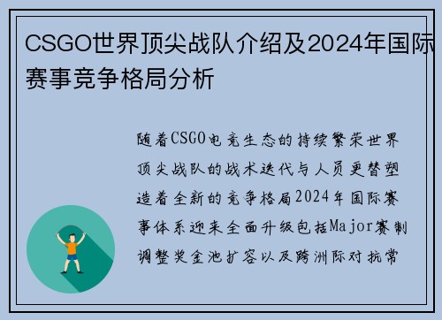 CSGO世界顶尖战队介绍及2024年国际赛事竞争格局分析