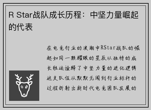 R Star战队成长历程：中坚力量崛起的代表